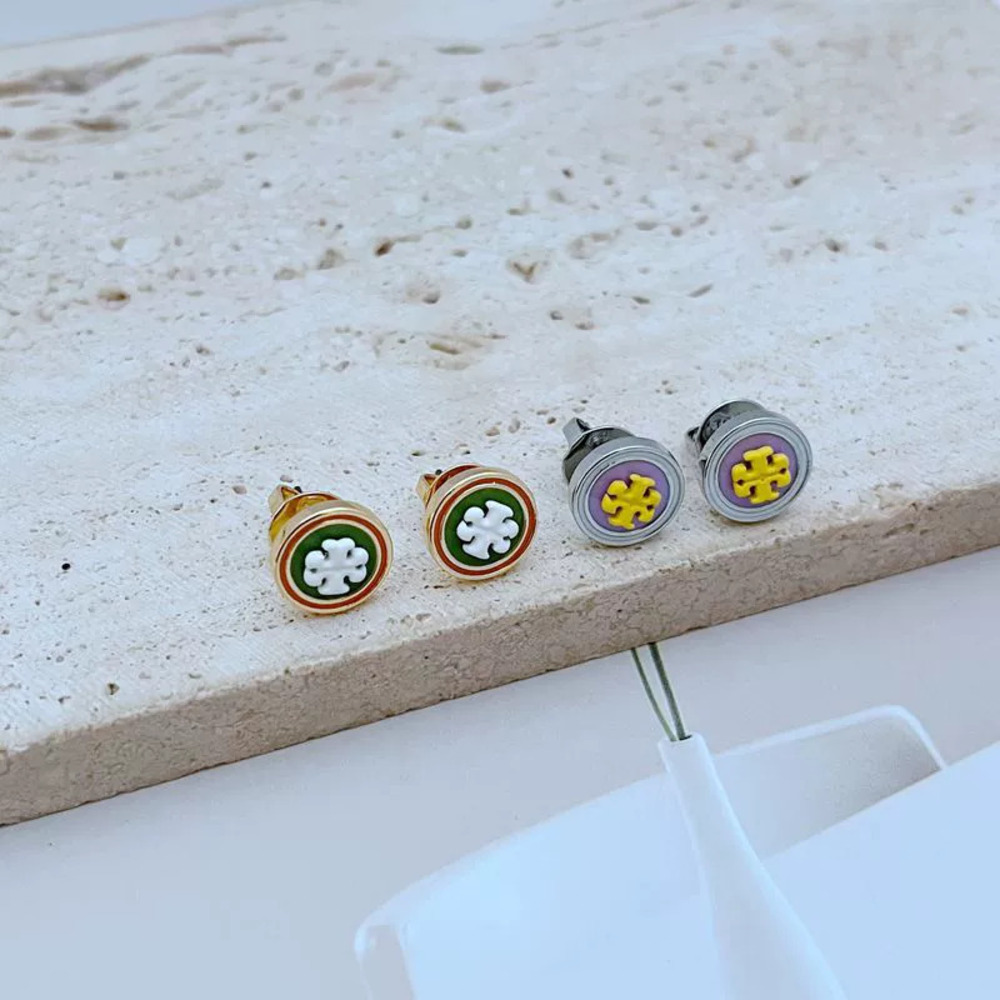 Tory Burch Enamel Contrast Geometric Round Metal Stud Earrings